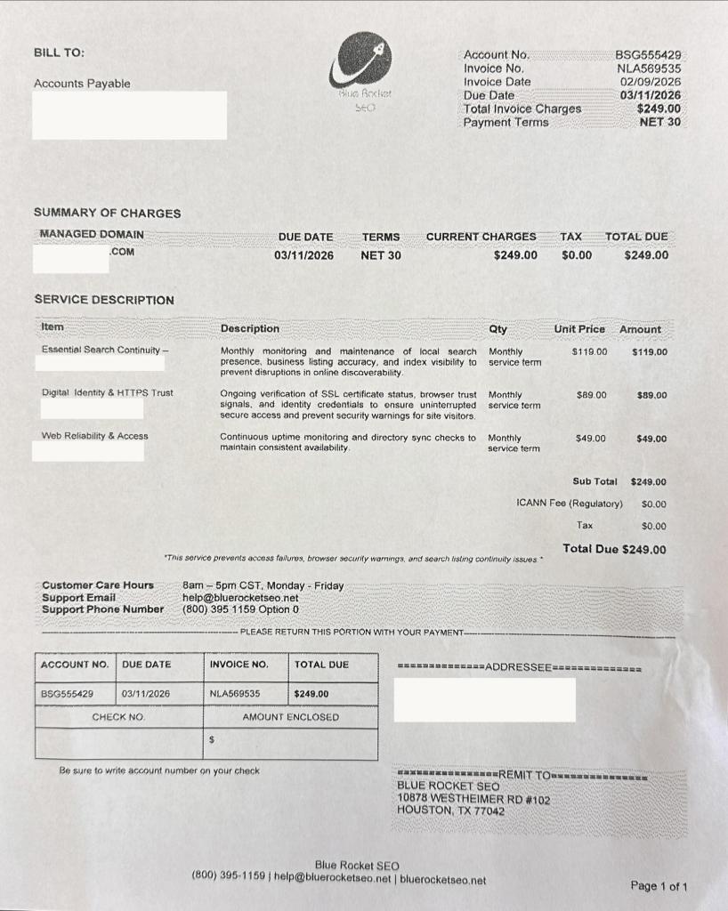 Scam Alert Blue Rocket SEO Fake Invoice
